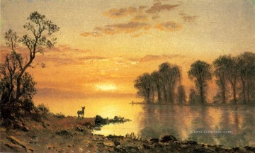 Sonnenuntergang Deer und Fluss Albert Bierstadt Landschaft Ölgemälde